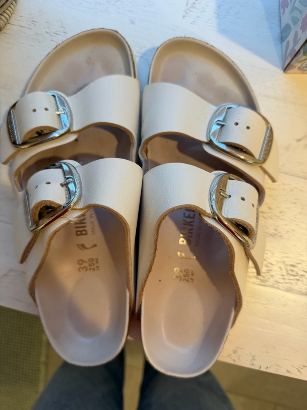 Birkenstock White Double-big Buckle Slides with Silver Buckles
